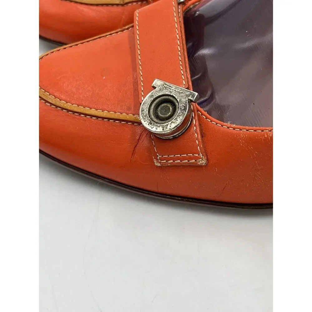 SALVATORE FERRAGAMO Orange Leather Gancini Pumps Button Metal Sz 7.5B/38‎